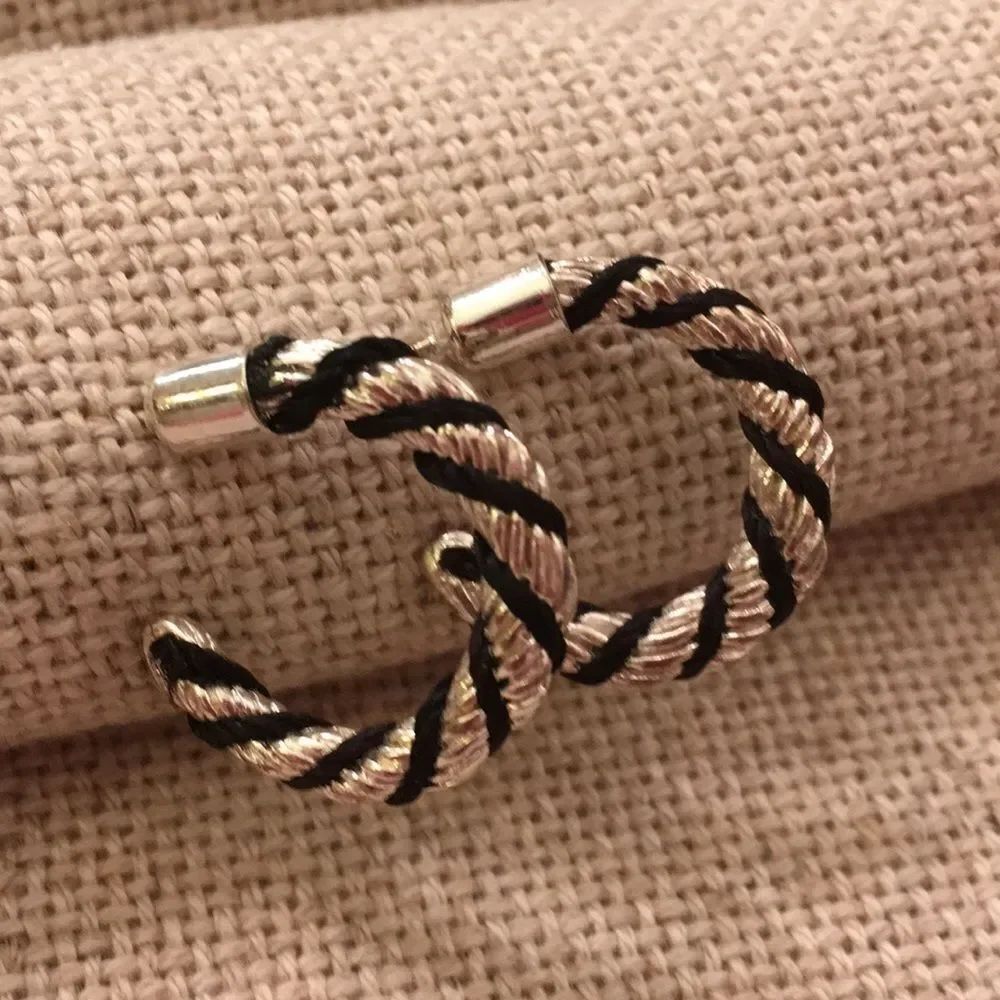 Silvertone Twisted Earrings with Black Cord